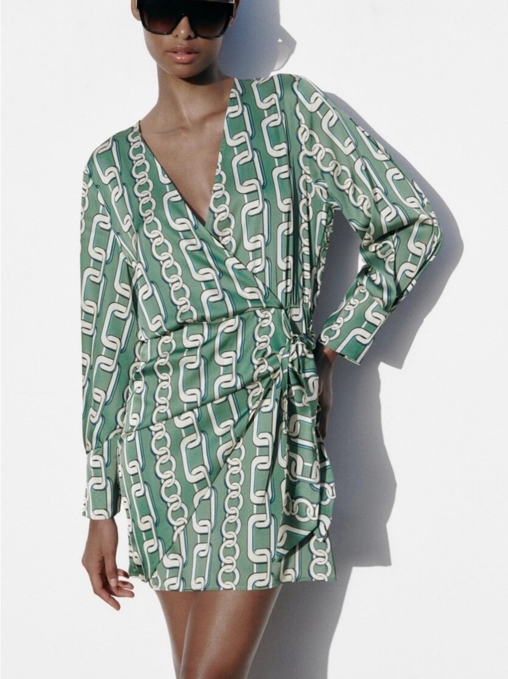 Zara Green Chain-Print Wrap Dress
